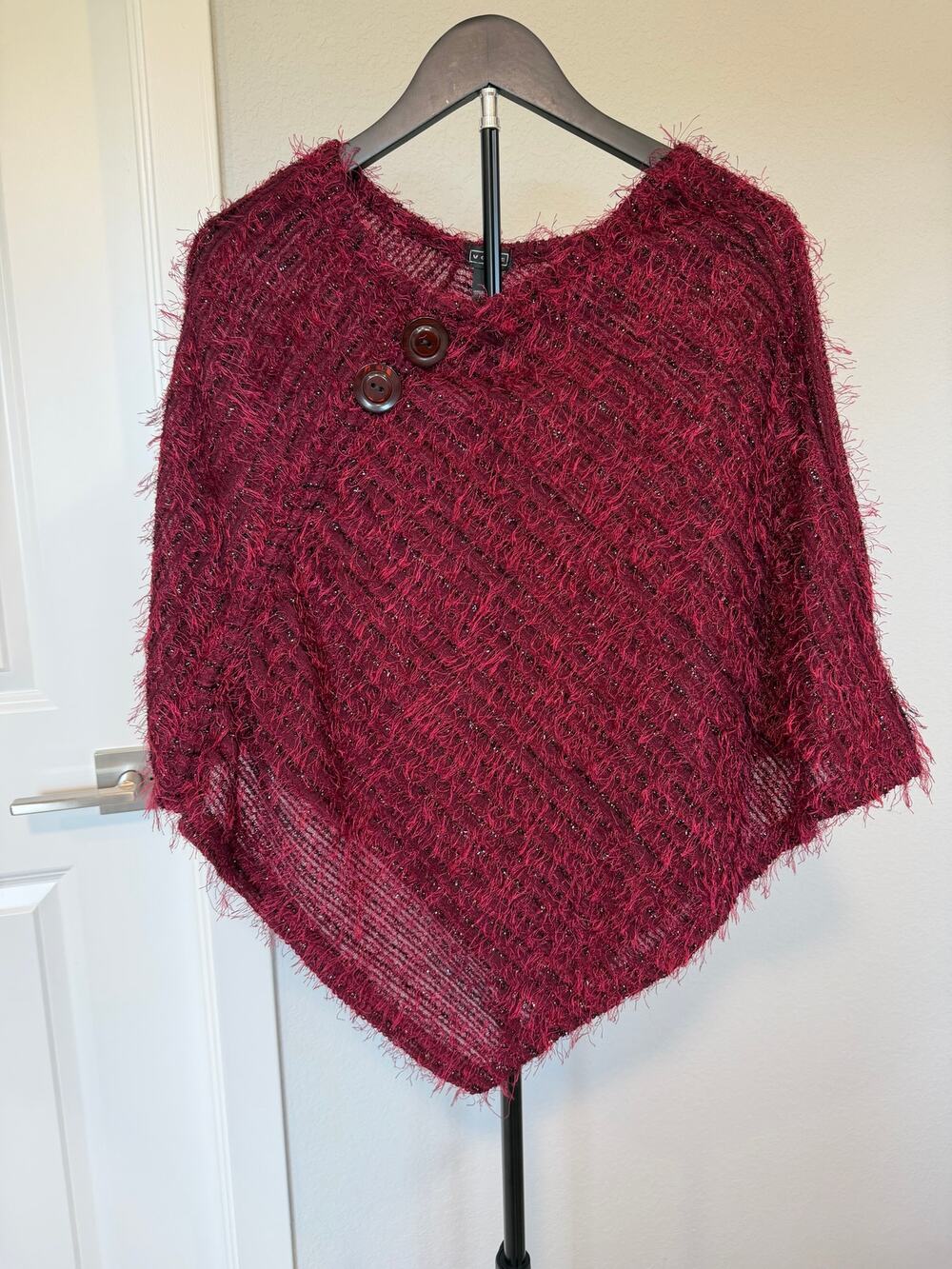 NWT Voice Burgundy Fuzzy Eyelash Knit Asymmetrical Poncho Sweater Y2K